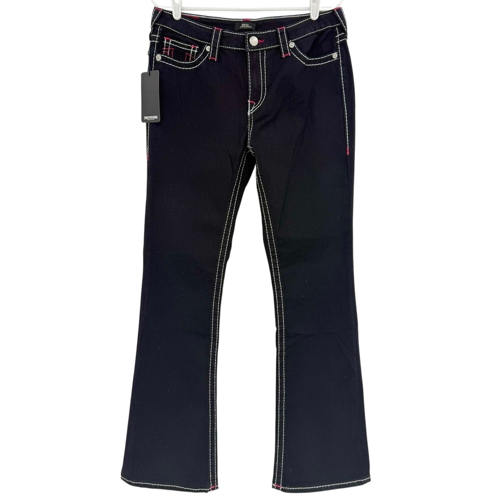 True Religion Becca Big T Bootcut Stretch Black Jeans Sz 31 Pink Stitch NWT $204